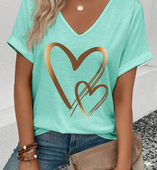 Cuffed Sleeve Front Panel Heart Print Women T-Shirt