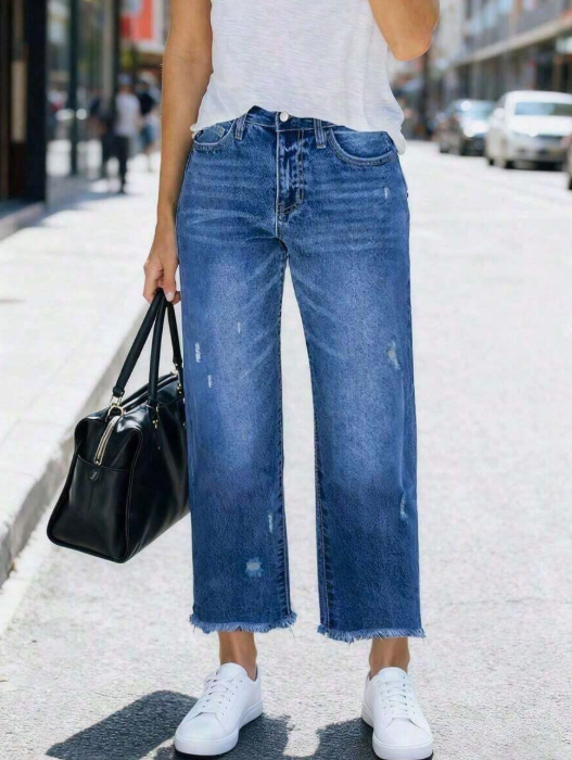 Comfortable Loose Fit Stretchy Distressed Washed Blue Frayed Hem Straight Leg Jeans Women