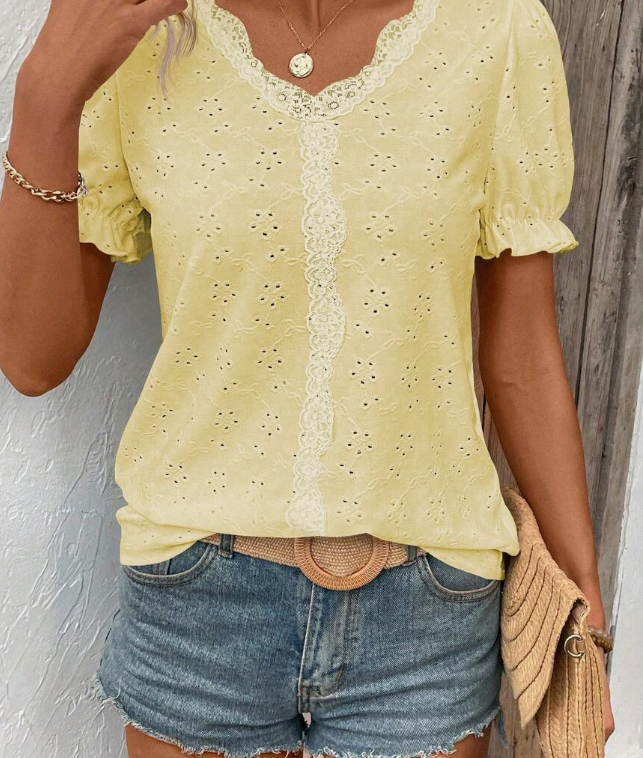Casual Solid Color Textured Lace Trim T-Shirt